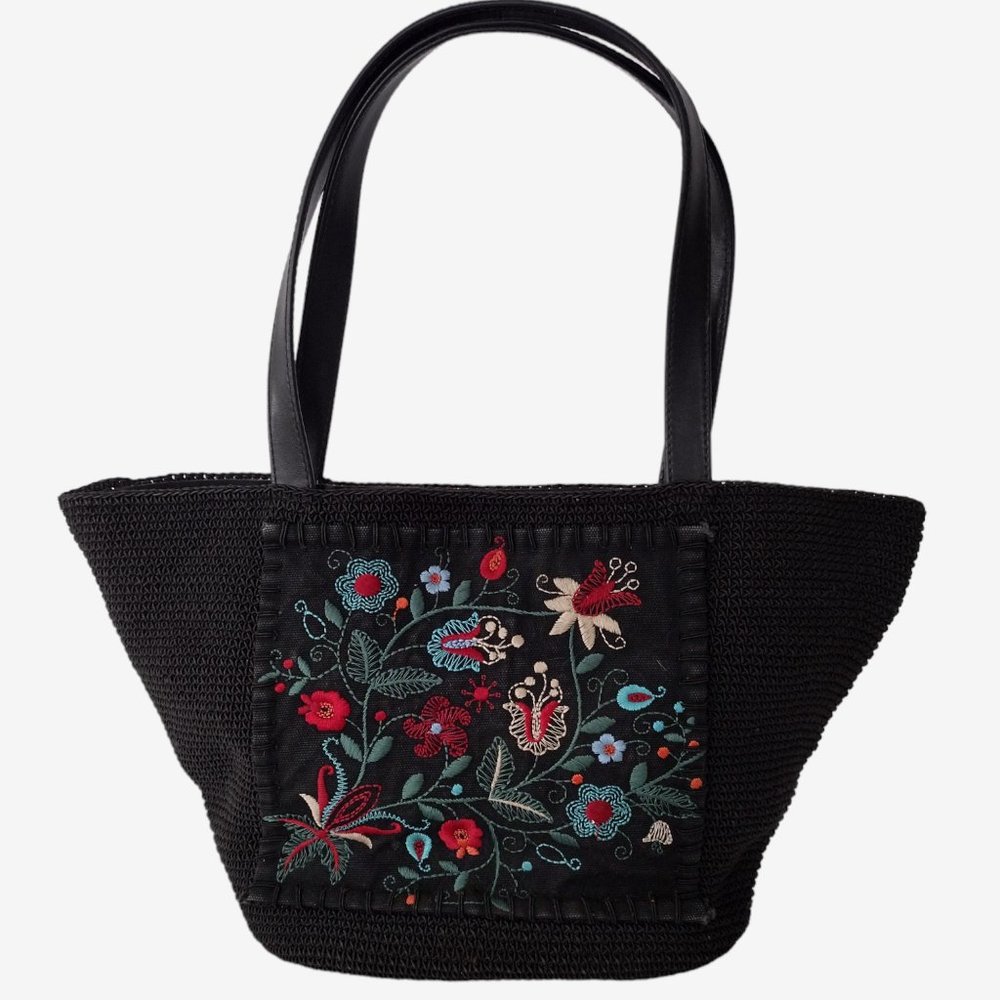 Black Woven Floral Embroidered Snap Close Purse